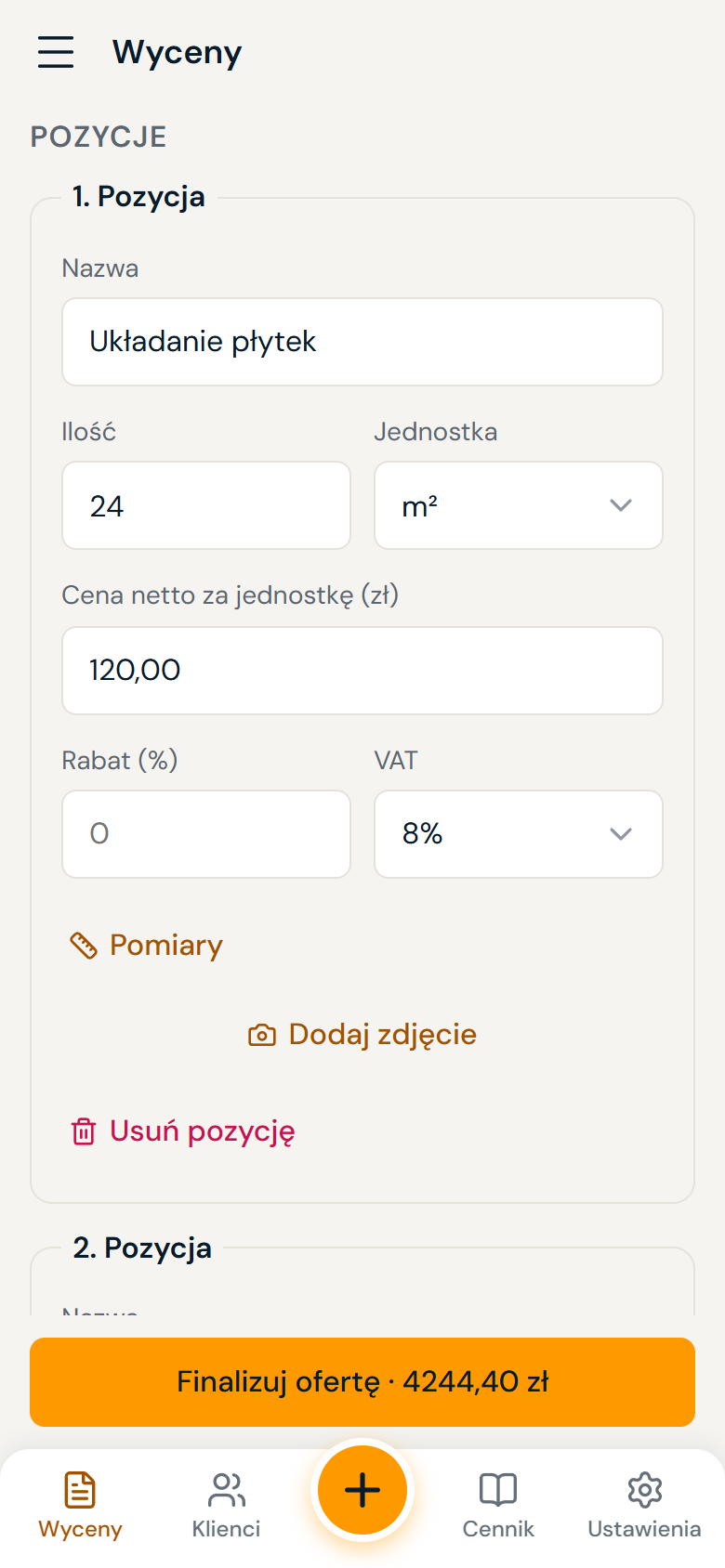 Kreator wyceny z pozycjami i podsumowaniem
