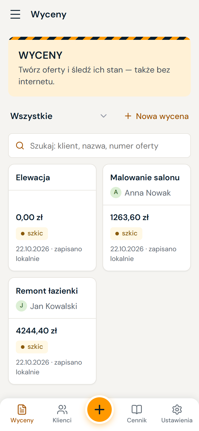 Lista wycen ze stanem i kwotą
